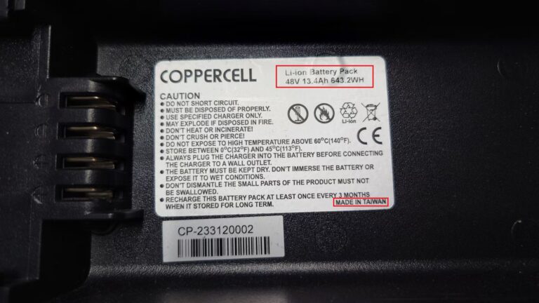 E-bike lithium-ion battery pack label showing 48V 13.4Ah (643.2Wh)