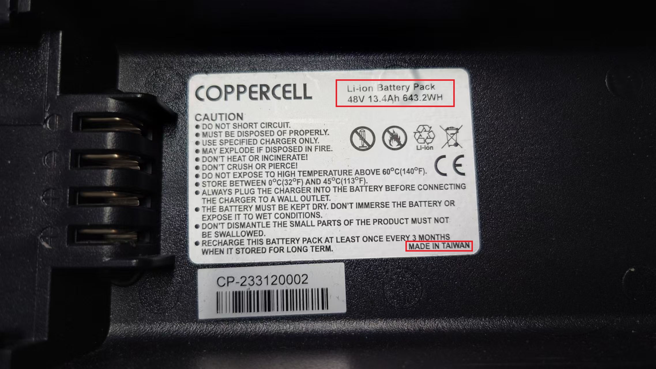 E-bike lithium-ion battery pack label showing 48V 13.4Ah (643.2Wh)